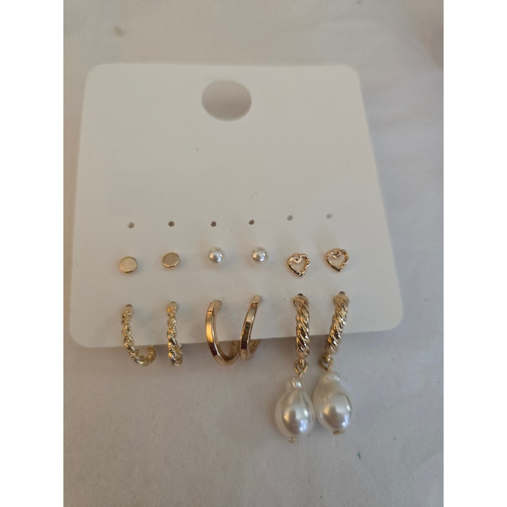 Gold Tone Earring Set 6 Pairs Faux Pearl Studs Twisted Hoops Heart Drops NWT